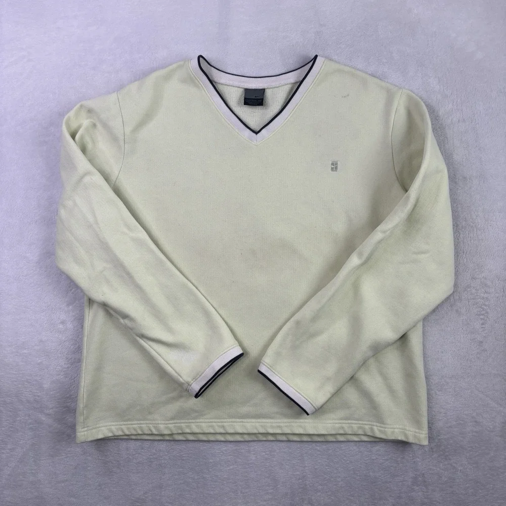 Y2K Nike Tennis Green V-Neck Long Sleeve Sweatshirt Women's XL Distressed